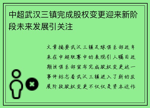 中超武汉三镇完成股权变更迎来新阶段未来发展引关注 中超武汉三镇完成股权变更迎来新阶段未来发展引关注